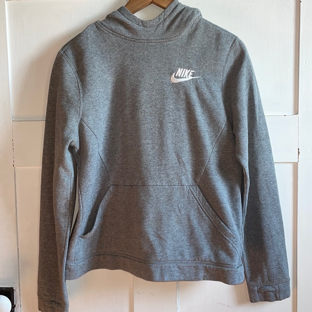 Nike Hoodie Gray Hooded Sweatshirt White Swoosh Logo Embroidery